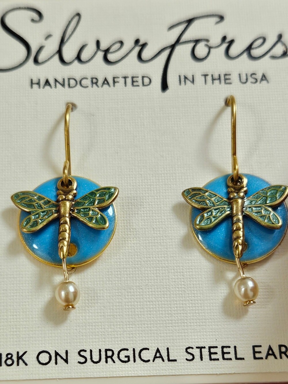 Dragonfly Drop Gold-tone Earrings by Silver Forest of Vermont Blue Enamel Layer